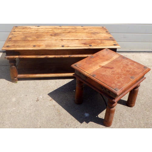 686 - An Indian hardwood coffee table, 110cm long together with a matching occasional table (2)