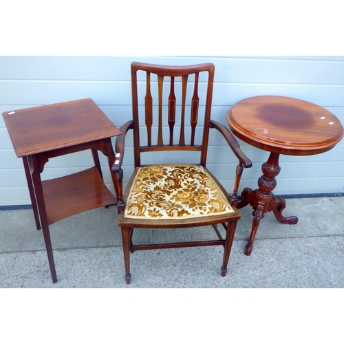 695 - An Edwardian salon armchair, circular occasional table & another occasional table (3)