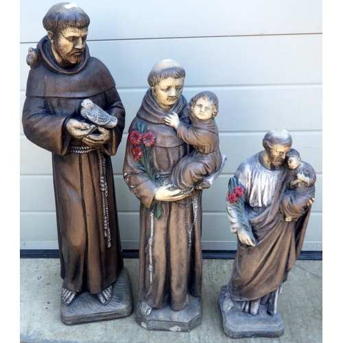 703 - Three concrete figures of monks, tallest 75cm tall