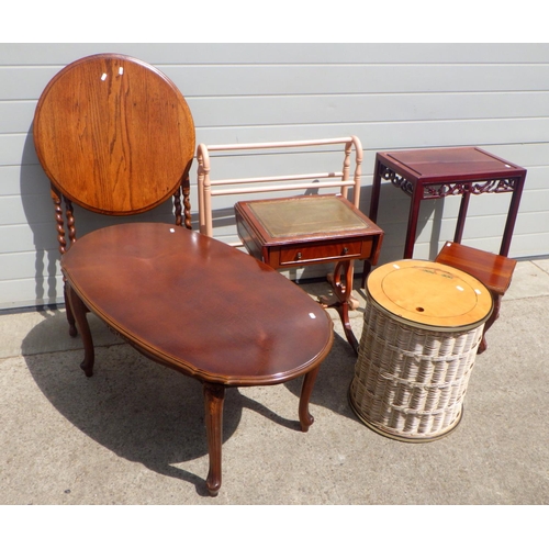 709 - A 1930's barleytwist folding table, Oriental occasional table, leather topped drop leaf occasional t... 