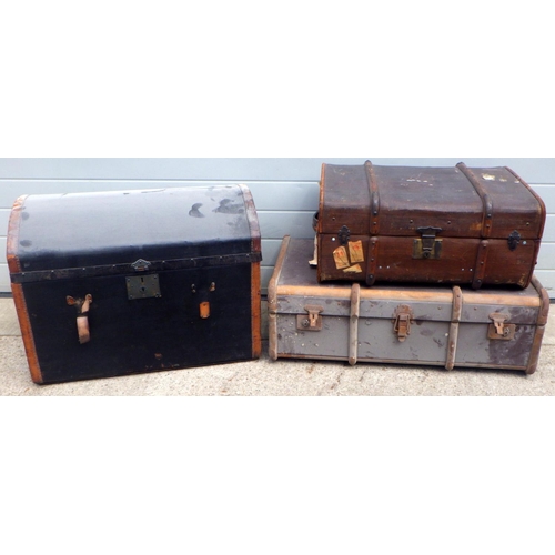 716 - A dome topped trunk together with two suitcases (3)