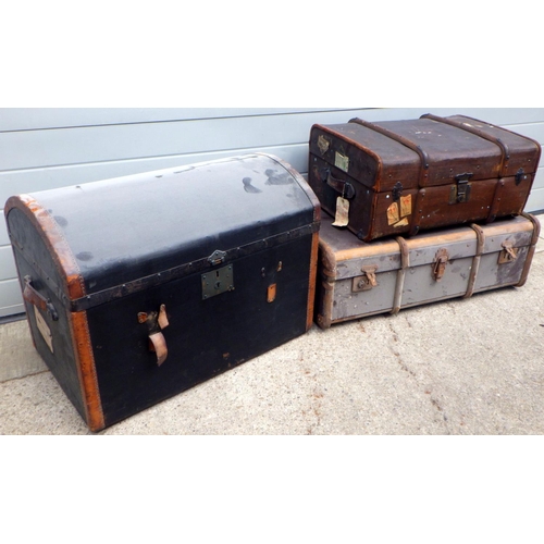 716 - A dome topped trunk together with two suitcases (3)