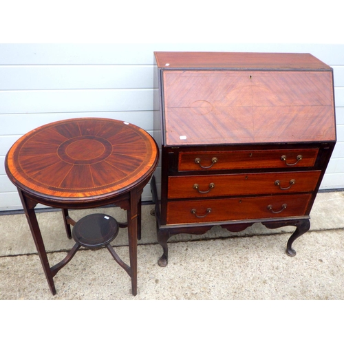 736 - An Edwardian mahogany bureau on cabriole legs together with a circular occasional table (a/f) (2)