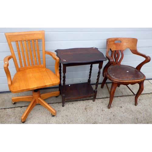 740 - A 1930's office chair together with an office swivel chair, barleytwist chair and an occasional tabl... 