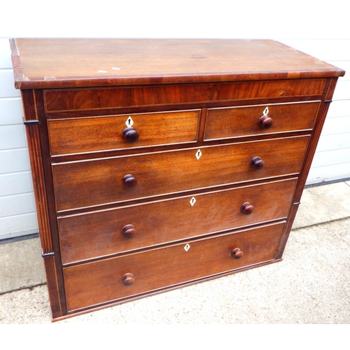 743 - A 19th cen, straight fronted oak & mahogany banded chest of drawers, feet off, 120cm wide