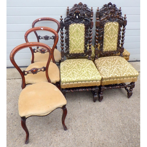 754 - Four Victorian barleytwist oak chairs and three balloon back chairs (7) (a/f)