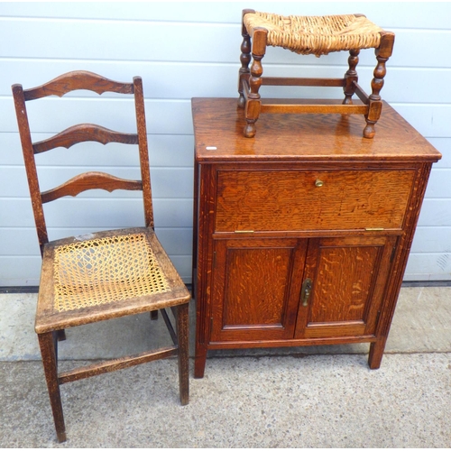 761 - A small 1930's oak cupboard, 64cm wide together with a stool and a bedroom chair (3)