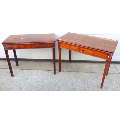 766 - A Geo III mahogany card table together with a similar tea table with single drawer, largest 94cm wid... 