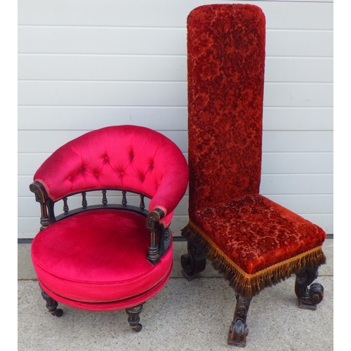 774 - A pre-dieu chair together with a late Victorian ebonised swivel tub chair leg repaired (a/f) (2)