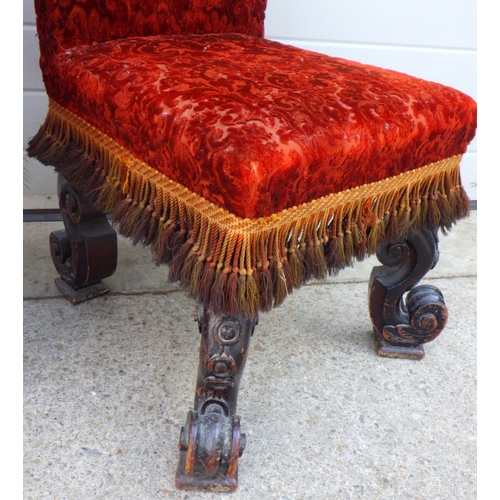 774 - A pre-dieu chair together with a late Victorian ebonised swivel tub chair leg repaired (a/f) (2)