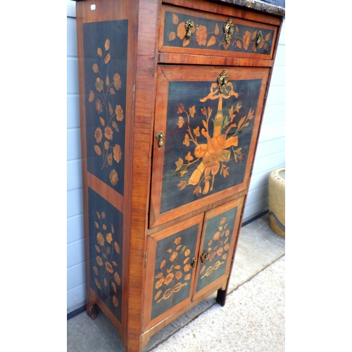 777 - A 19th cen marble topped Dutch inlaid converted secretaire cabinet, a/f, 64cm wide