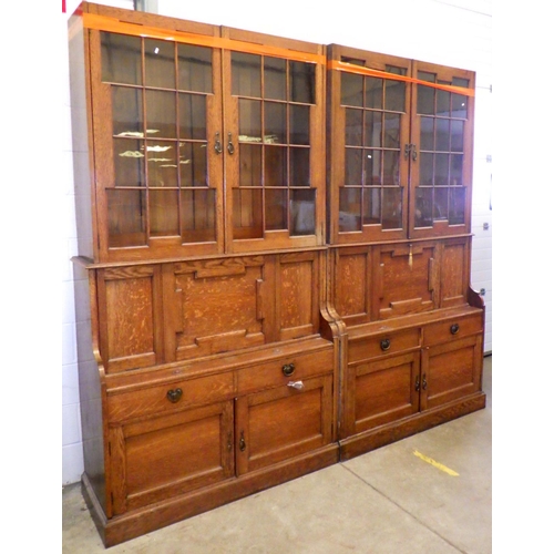 779 - Two Edwardian oak secretaire bookcases, total width 276cm, missing cornice a/f