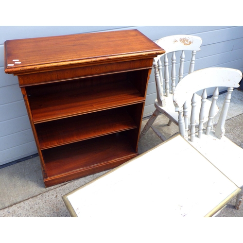 793 - A white painted low side table together with a pair of painted chairs and a low bookcase (4)