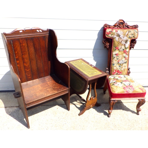 794 - An oak hall chair, missing peg, a pre-dieu chair (old worm) and a drop leaf occasional table (3)