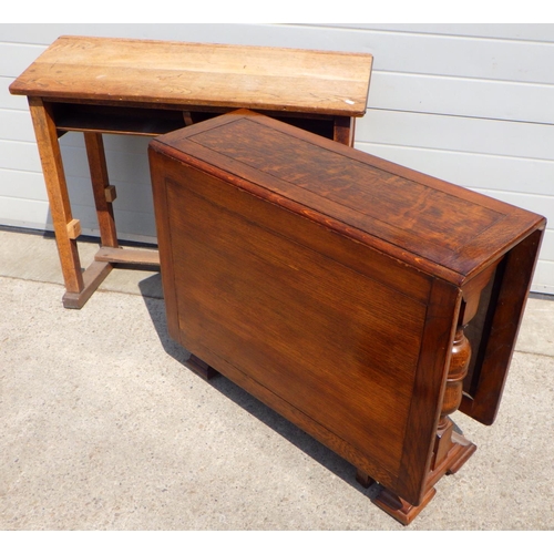 805 - An oak/ply drop leaf table together with a double school desk (2)