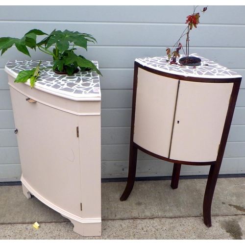 814 - Two painted low corner cupboards with mosaic tops and inset plants (2)