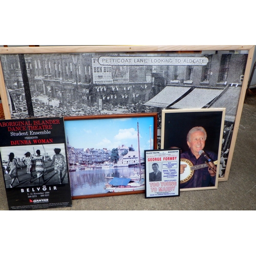 830 - A large print of Petticoat Lane, George Formby print, etc