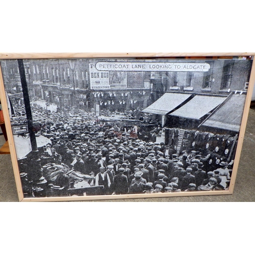 830 - A large print of Petticoat Lane, George Formby print, etc