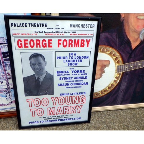 830 - A large print of Petticoat Lane, George Formby print, etc