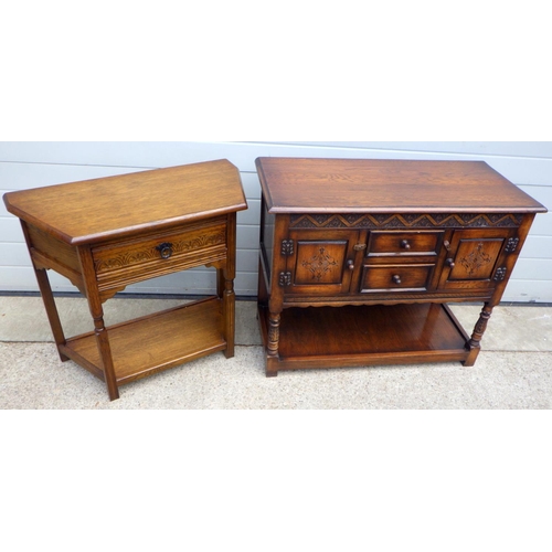 848 - A small Bevan & Funnell carved oak sideboard 97cm wide together with a side table (2)