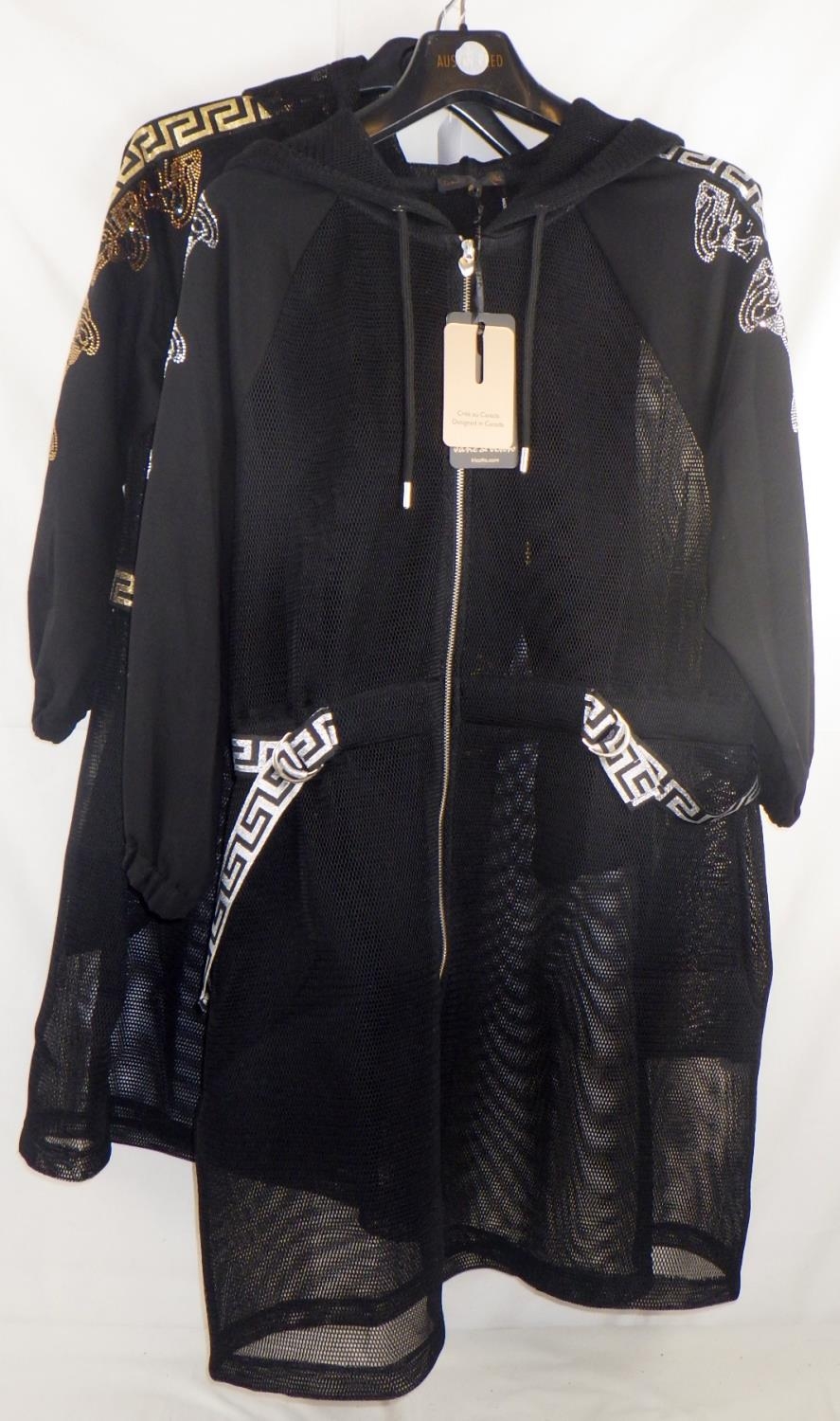 Two Tricotto (Jane & John) black mesh jackets, one with gold trim