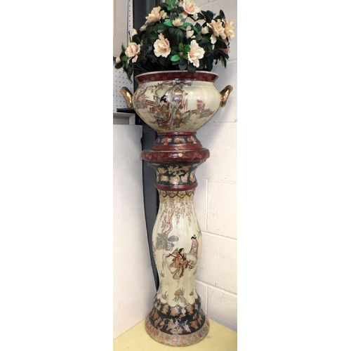 22 - A modern Oriental jardinere on stand together with a Tiffany style lamp af, globe lamp and two plant... 