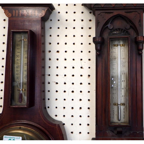 26 - An Edwardian inlaid barometer together with a late 19thC carved walnut barometer (2)
