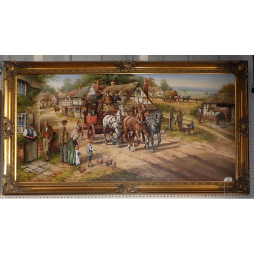 41 - C D Howells, coach and horses travelling through a village signed large framed oil on canvas 135 x 7... 