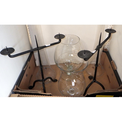 73 - Two steel pricket candlesticks, modern; glassware including a silver rimmed fruit bowl. (2)