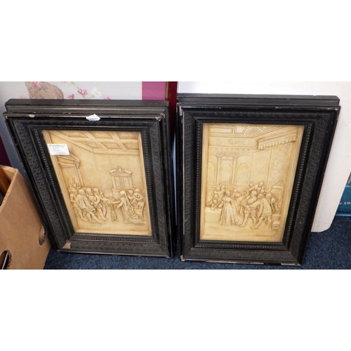 82 - Framed pictures incl a pair of plaster reliefs (one cracked).  a/f