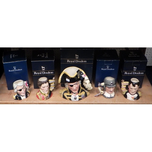 105 - Five Royal Doulton character jugs incl Nelson, Napoleon and Wellington. All boxed