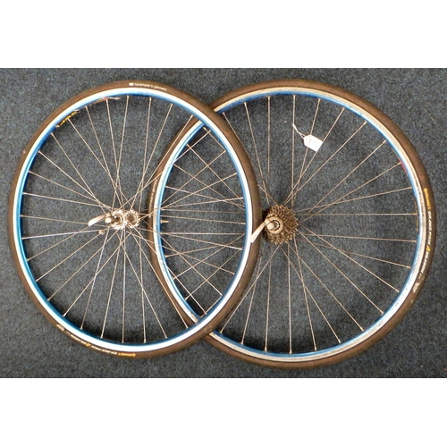 113 - A pair of semi-vintage 9 speed Shimano & Mavic rim-brake aluminium rimmed road bike wheels.