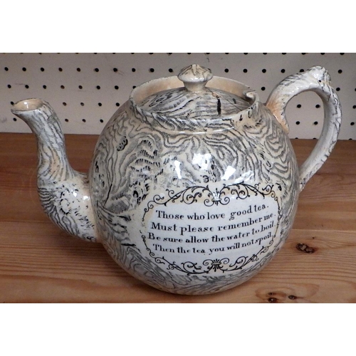 118 - A Maling lustre bowl having dragon motif decoration; a Victorian teapot having a printed motto desig... 