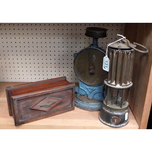 131 - A miners' safety lamp, an RAF interest trench-art box; a Kenlite safety lamp; a pair of modern safet... 
