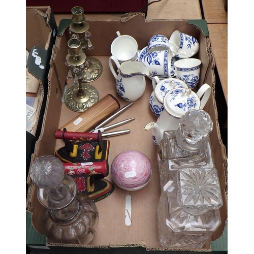 132 - Three decanters, a bone china tea set, a pair of candlesticks, pens etc.