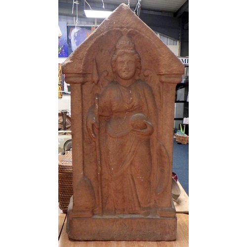 140 - A fibreglass copy of an Ancient Roman memorial stone, 93cm tall.  Ex. York Minster Stores.