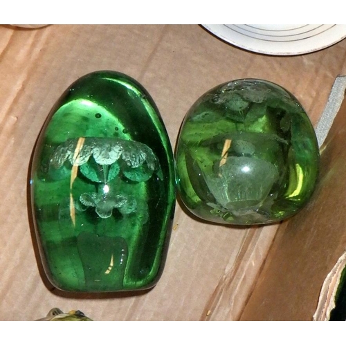 114 - Two green glass dump paperweights; ceramics incl teaware.