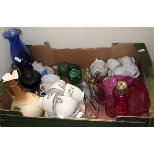 114 - Two green glass dump paperweights; ceramics incl teaware.
