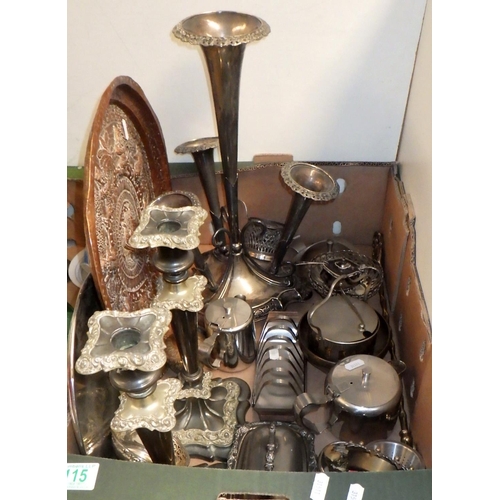 115 - A pair of candlesticks, a silver plated epergne vase, stainless steel mid-century tea ware etc.