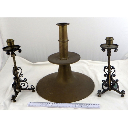 136 - A pair of openwork candlesticks, a/f ,  27cm tall; a single brass candlestick in medieval manner.  E... 