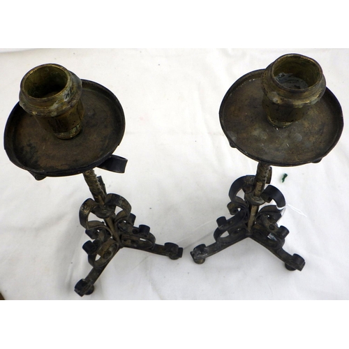 136 - A pair of openwork candlesticks, a/f ,  27cm tall; a single brass candlestick in medieval manner.  E... 