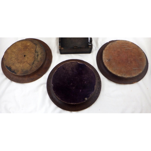 138 - Five turned and carved oak collection plates, each 24cm diameter; an oak collection box with cross h... 