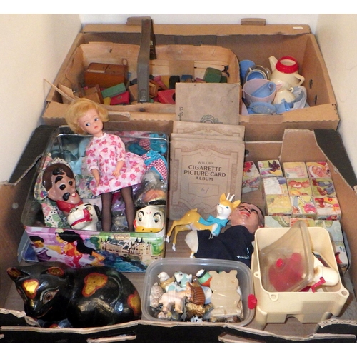 154 - Toys and games incl a vintage Sindy doll, wooden blocks, wade, cigarette cards etc.  (2)