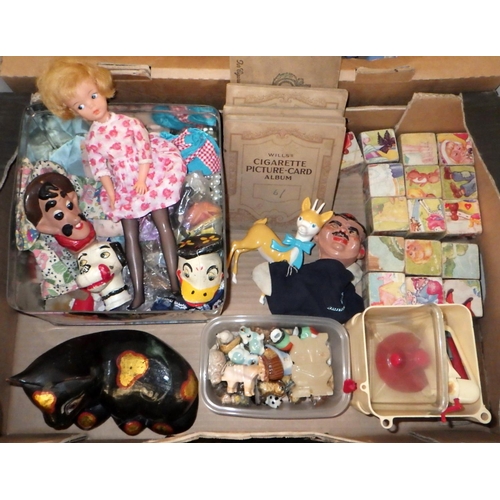 154 - Toys and games incl a vintage Sindy doll, wooden blocks, wade, cigarette cards etc.  (2)
