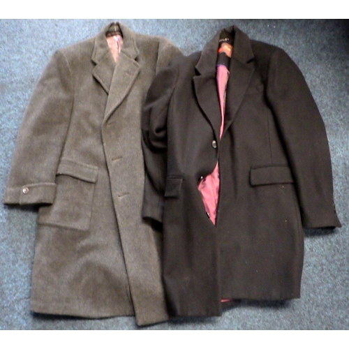 161 - A gentleman's Austin Reed pin strip suit, early 1970s; another suit, an overcoat etc.