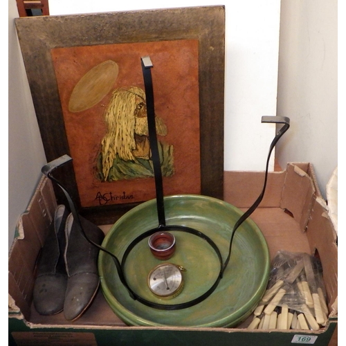 169 - A green glazed studio pottery bowl; cutlery; a plaque depicting an image of Christ etc.  Ex. York Mi... 