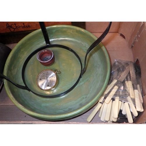 169 - A green glazed studio pottery bowl; cutlery; a plaque depicting an image of Christ etc.  Ex. York Mi... 