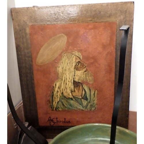 169 - A green glazed studio pottery bowl; cutlery; a plaque depicting an image of Christ etc.  Ex. York Mi... 