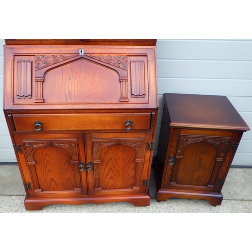 645 - An oak bureau bookcase together with a  matching side cupboard (2)