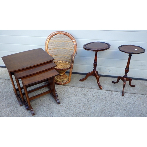 651 - Oak ply nest of tables together with two wine tables and a small cane chair (4)